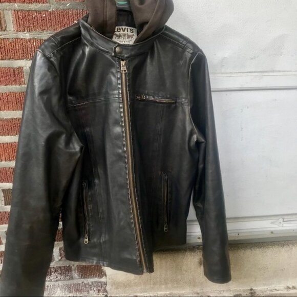 Levi’s Brown Vegan Leather Faux Fur Lined Bomber Jacket Hooded Zip Coat - Picture 16 of 16